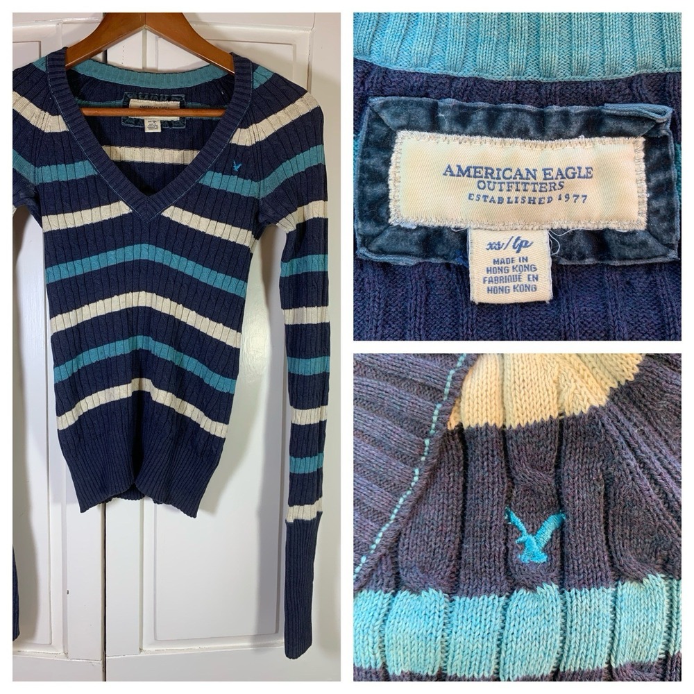 VTG American Eagle‎ Y2K Top Women XS Blue Striped Cable Knit V Neck Logo Velvet
